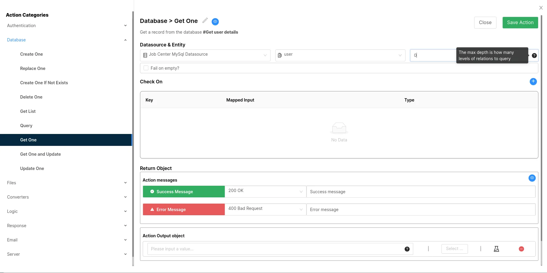Service Action Edit screen