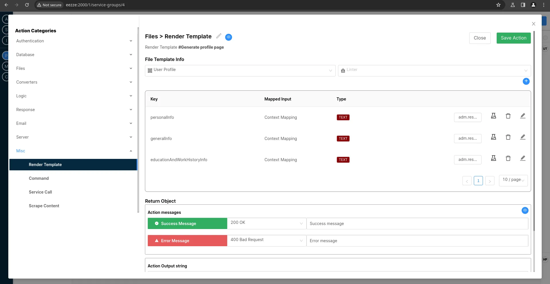 Service Action Edit screen (Twig)
